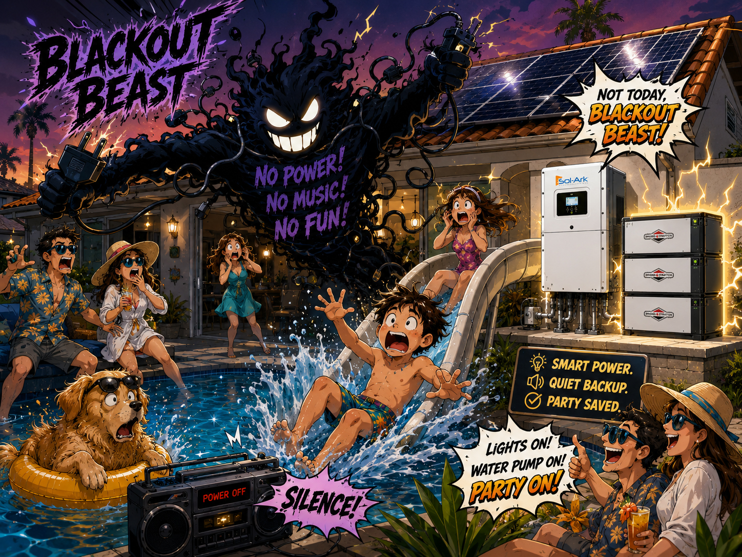 Blackout Beast stopping a backyard pool party