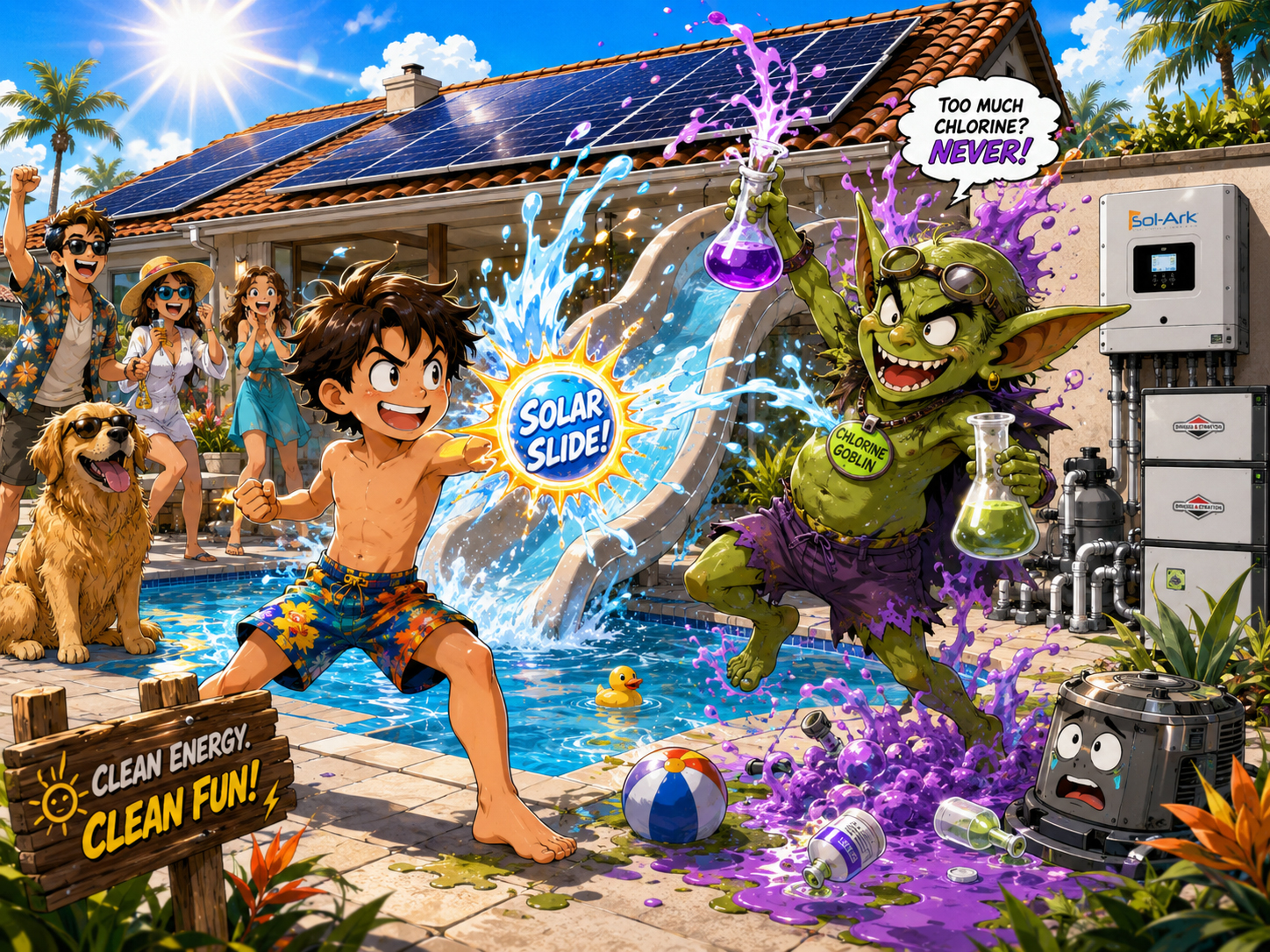 Solar Slide Boy facing Chlorine Goblin beside a sunny backyard pool slide