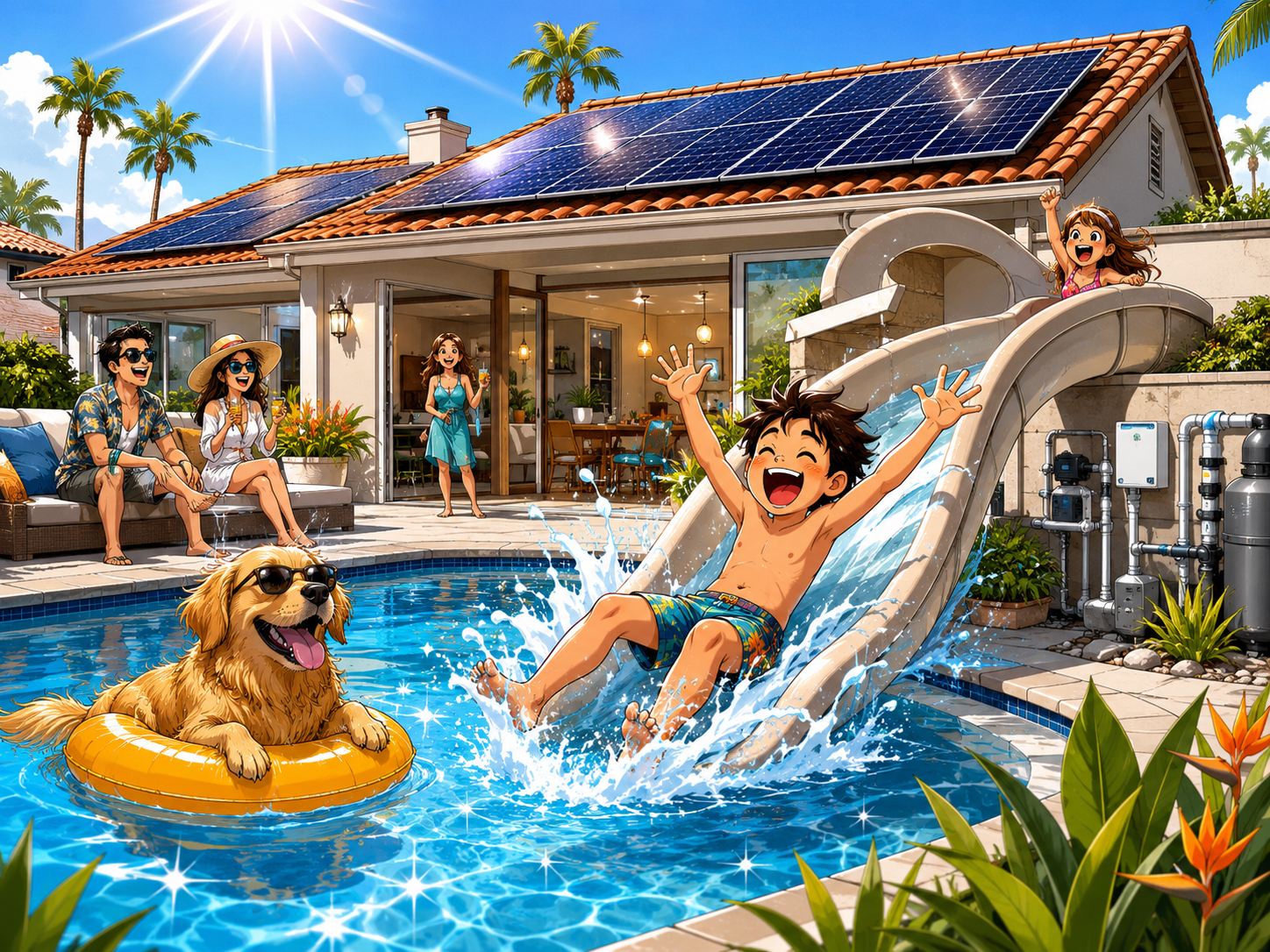 Solar-powered backyard pool slide with rooftop solar panels and family pool fun