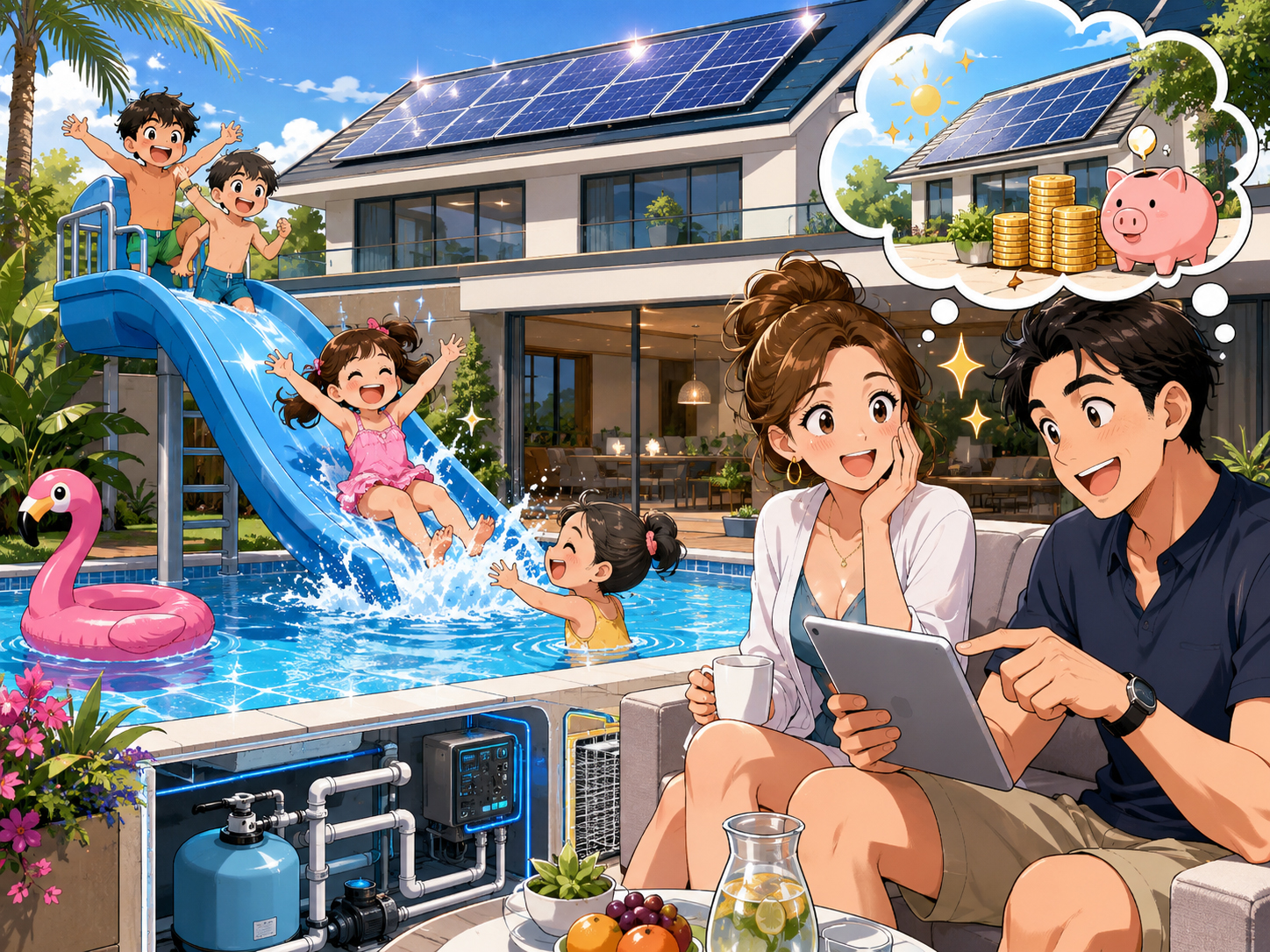 Kids enjoying the pool slide while parents consider solar savings