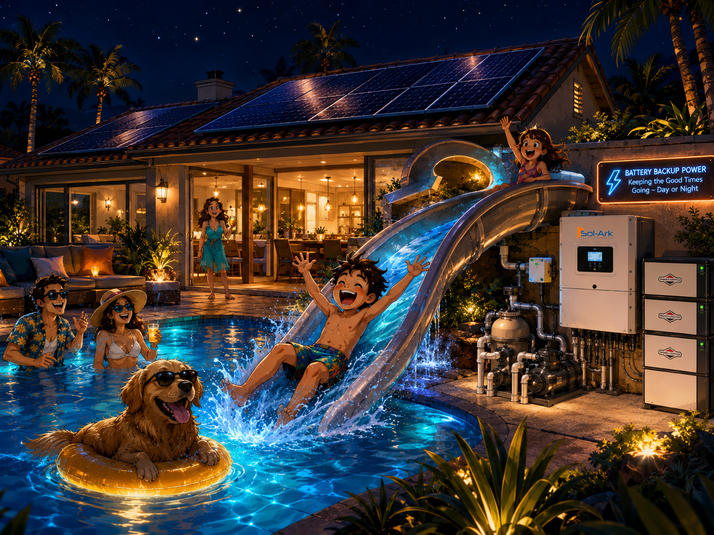 Night pool lights glowing with battery backup around a backyard pool slide