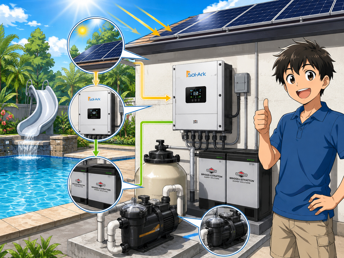 Pool pump and solar battery backup system supporting backyard pool equipment