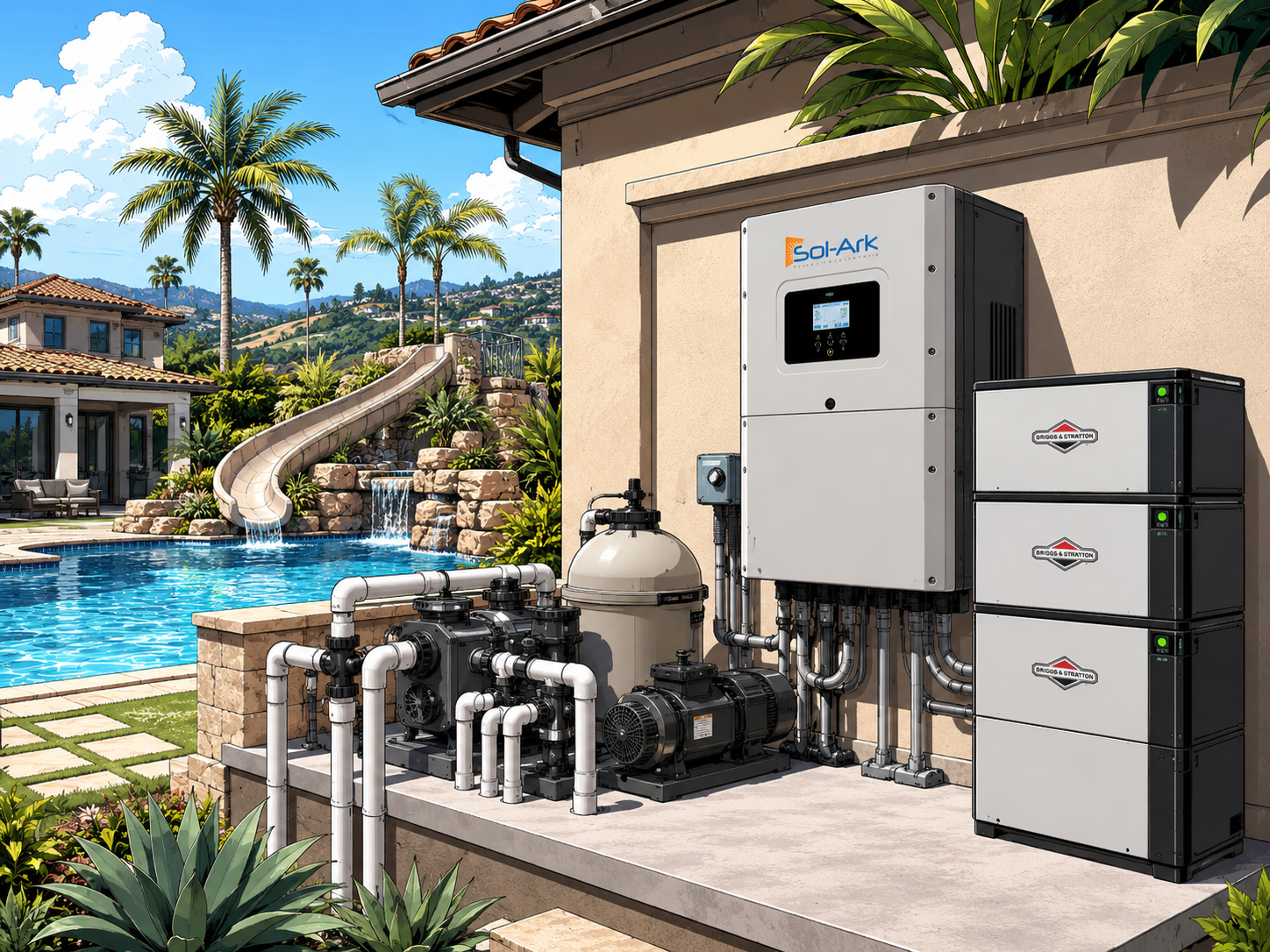 Sol-Ark inverter and Briggs and Stratton battery backup at a pool equipment pad