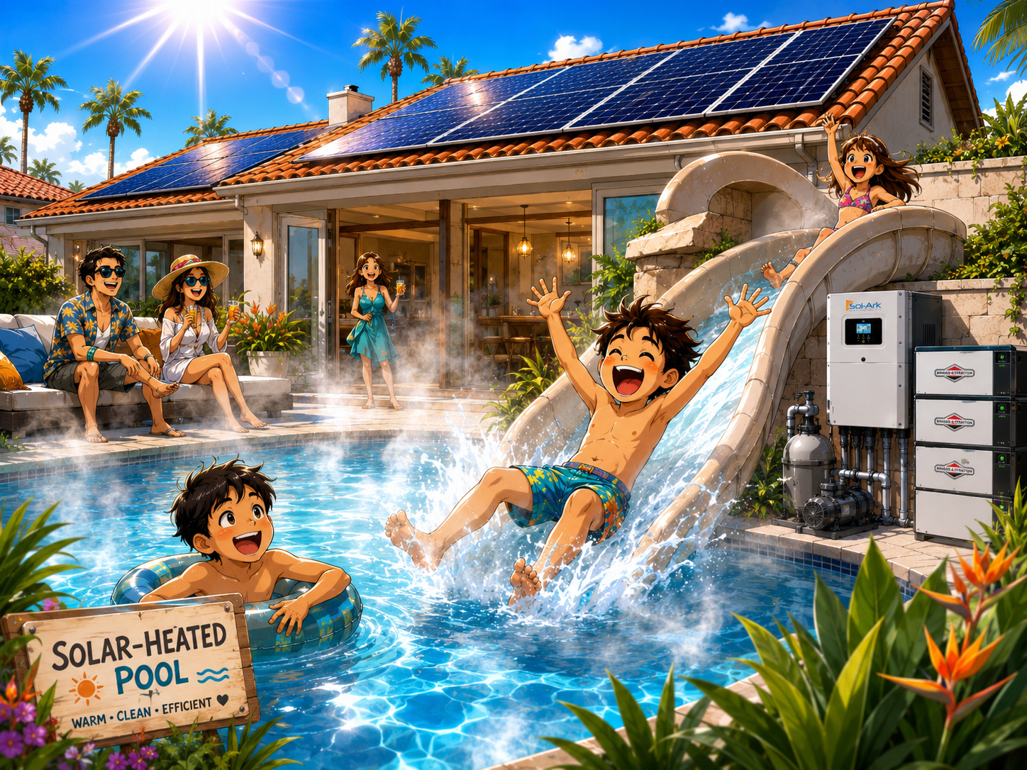 Warm steam rising from a solar-heated pool slide scene